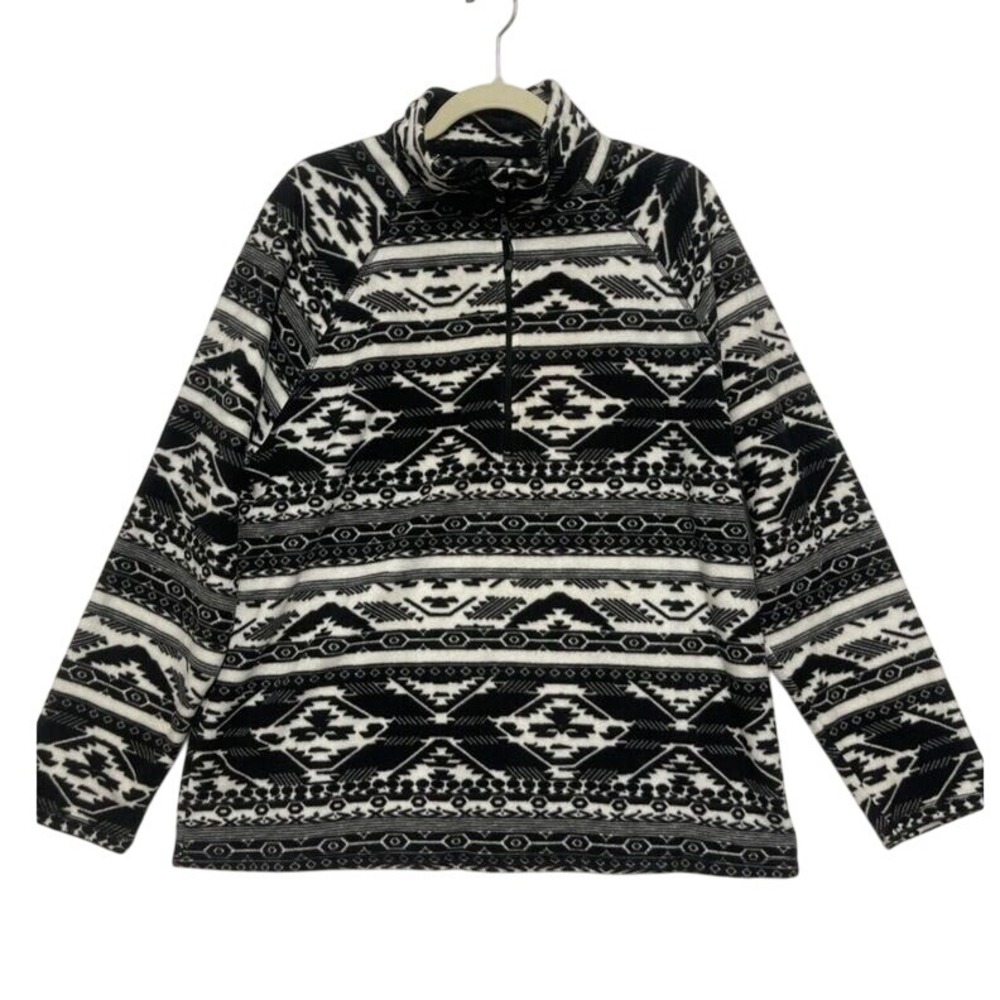 Eddie Bauer Black White Aztec‎ Print Fleece 1/4 Zip Pullover Top XXL